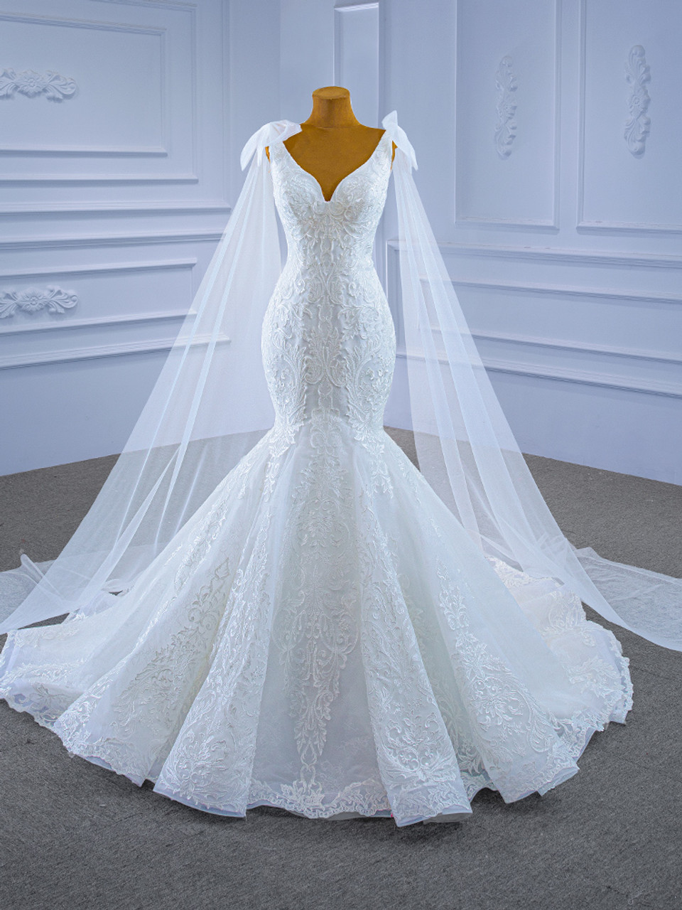 White Mermaid V-neck Appliques Wedding Dresses with Cape Lace Embroidery Corset Trumpet Bridal Gown robe de mariee