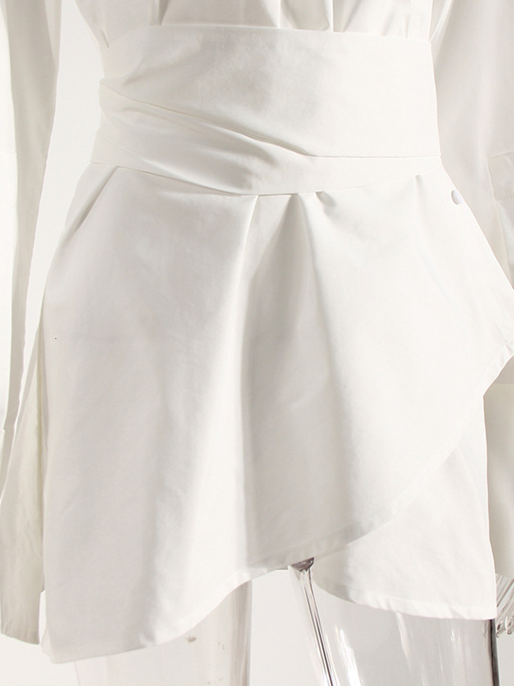 Basic Casual Dresses EAM Women White Irregular Bandage Slit Shirt Dress VNeck Long Sleeve Loose Fit Fashion Spring Autumn 1DE9884 230705