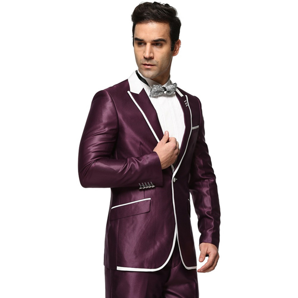 Men's Suits Blazers Blazer Sports Jacket Sets Slim Fit Men Clothing Purple Satin Ternos For Modern Men'S Wedding Elegant Dress 2 Piece 23070