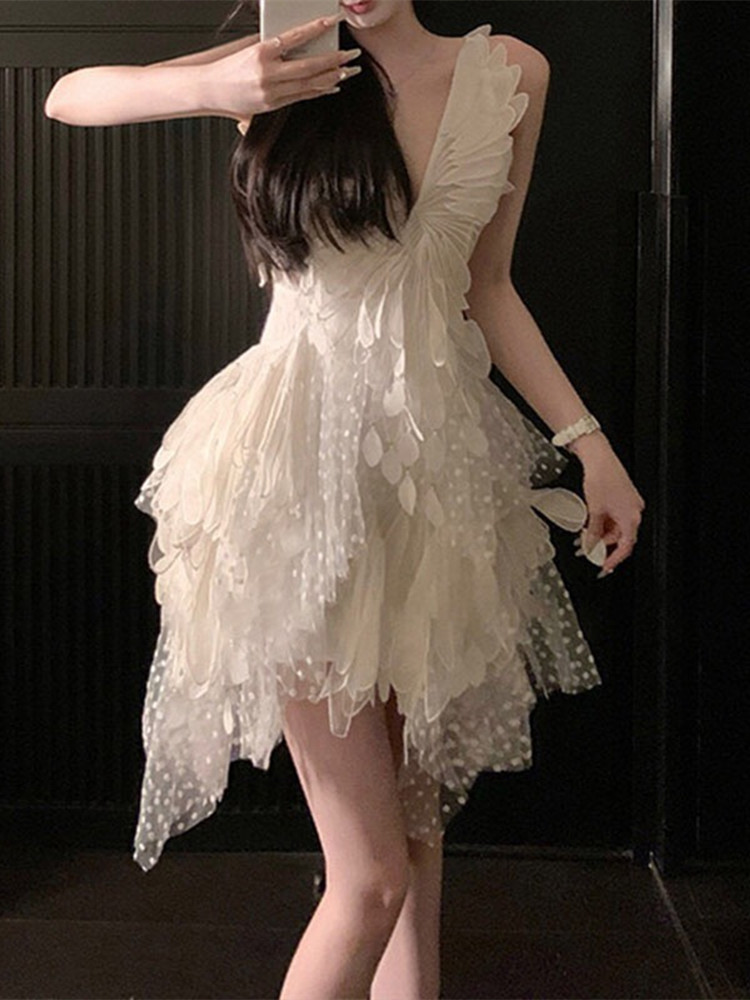 Womens V-neck 3D feather wing patched lace slim waist asymmetric ball gown dress SMLXL