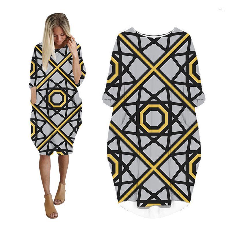 Casual Dresses For Women Geometric Plus Size Long Sleeve Fashion Grunge Woman Clothes Streetwear Oversized Ladies Clothing Female Dress