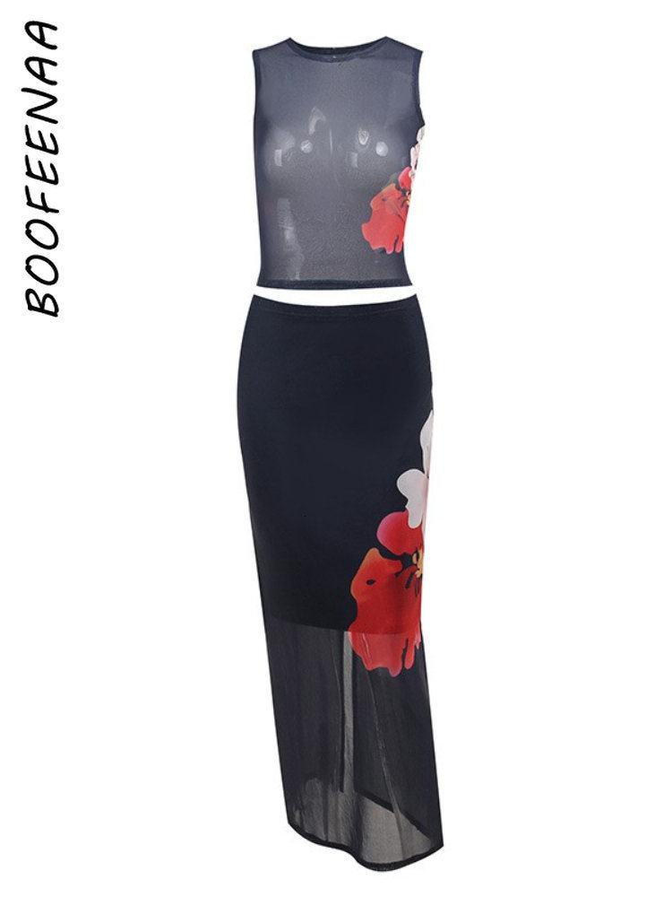 Two Piece Dress BOOFEENAA Floral Print Mesh See Through 2 Piece Sets Crop Top Long Skirts Summer Vacation Outfits for Women Dress C69-CE20 230705