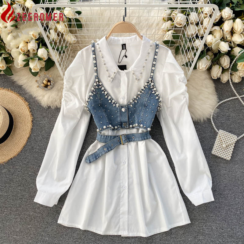 Basic Casual Dresses HighEnd White Shirt Dress Female Lapel Diamond Pearl Luxury Shirt Short Denim Vest Chic Two Piece Sets Female Fashion 230705