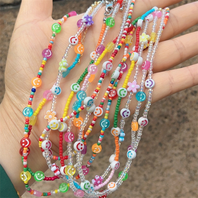 Chain Bohemia Beaded Necklace for Women Cute Handmade smile heart eye Plastic Bead Transparent Chokers Necklaces Boho Jewelry 230706