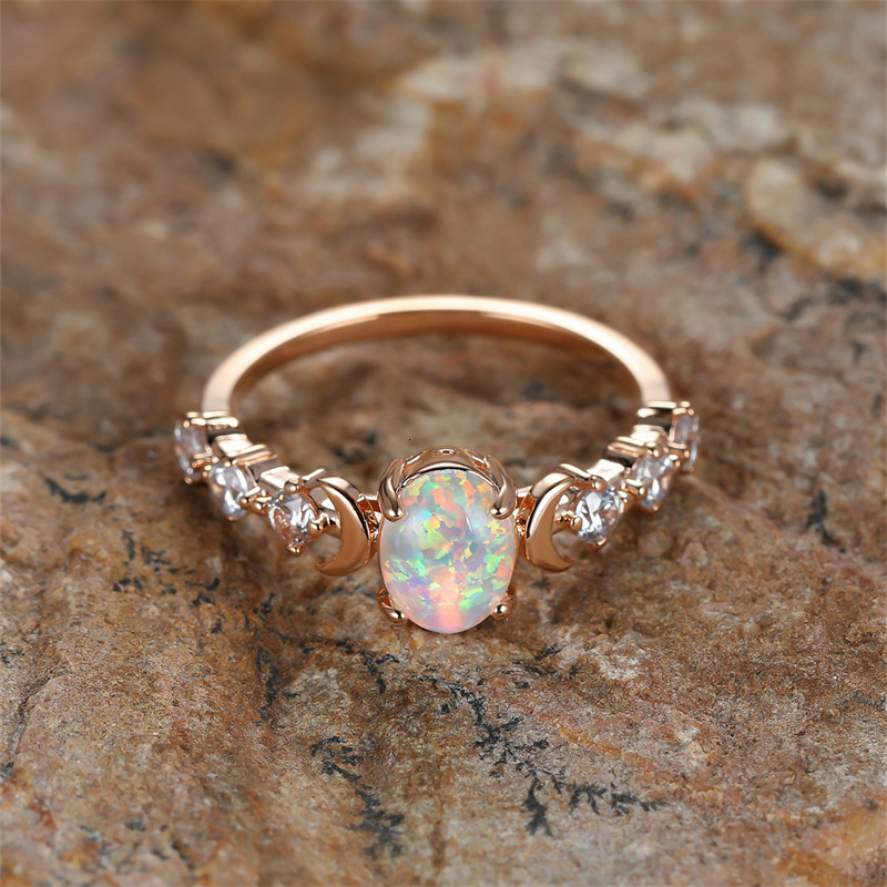 Wedding Rings Rainbow White Fire Opal Ring Silver Rose Gold Color Small Moon Rings For Women Wedding Bands Oval Stone Engagement Ring Jewelry 230706