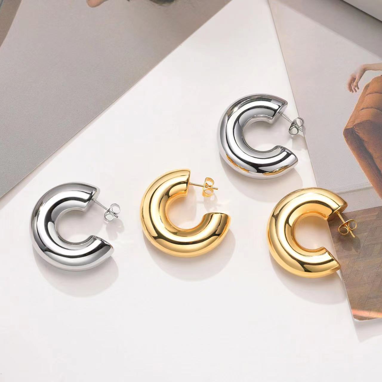 Stud Vintage Round Circle Open Chunky Hoop Earrings for Women Gold Plated Smooth Thick Tube Stainless Steel Earrings Fashion Jewelry 230706
