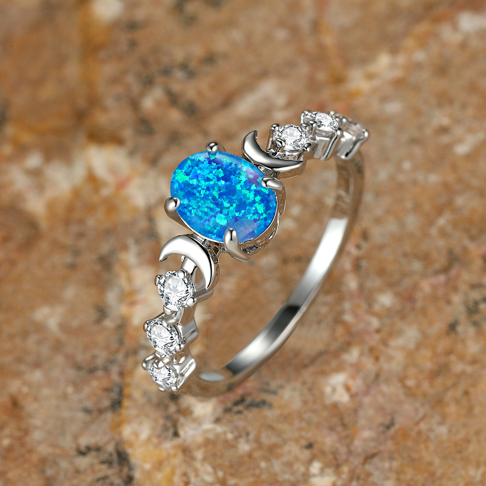 Wedding Rings Rainbow White Fire Opal Ring Silver Rose Gold Color Small Moon Rings For Women Wedding Bands Oval Stone Engagement Ring Jewelry 230706
