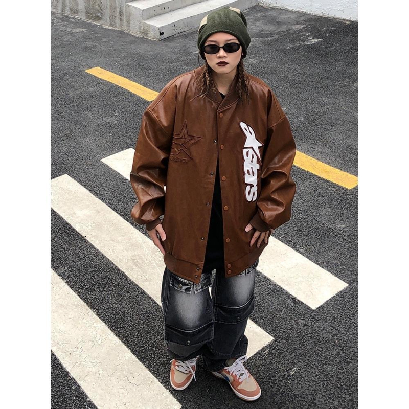 Womens Jackets autumn and winter American retro street leather jacket female Y2K couple hiphop loose casual wild baseball uniform jacket 230705