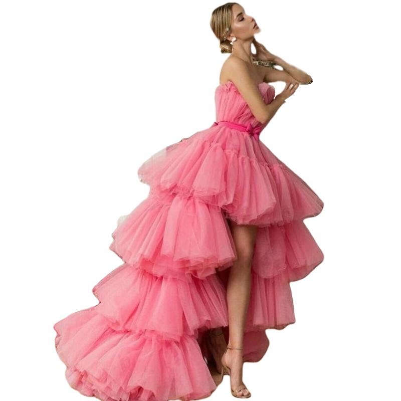 Modern Pink High Low Prom Dresses Tiers Tulle Skirt Strapless Sleeveless Special Occasion Gowns Short Front Long Back A Line Evening Dress For Women 2