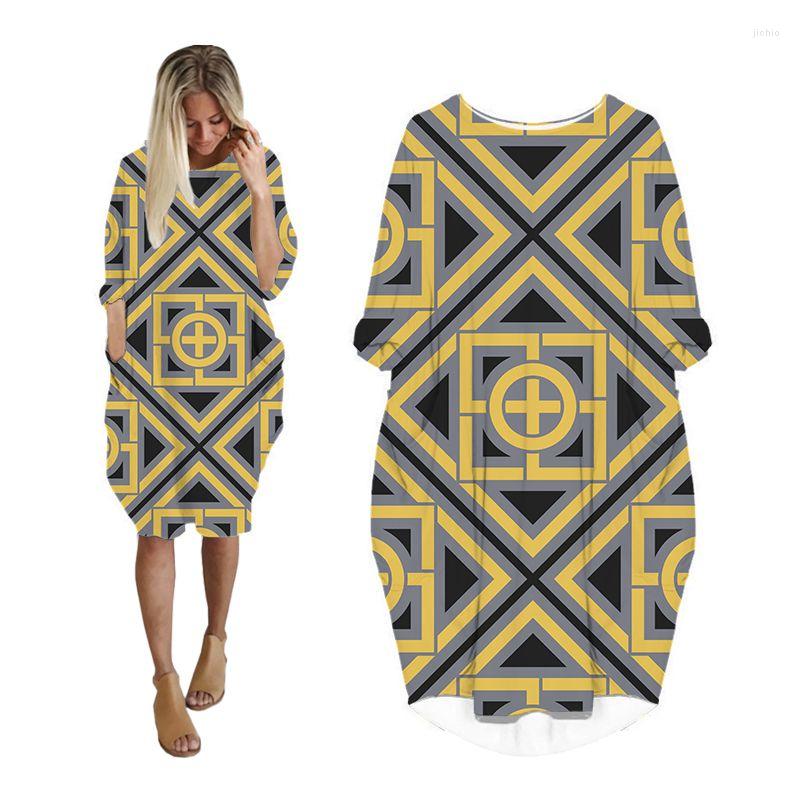 Casual Dresses For Women Geometric Plus Size Long Sleeve Fashion Grunge Woman Clothes Streetwear Oversized Ladies Clothing Female Dress