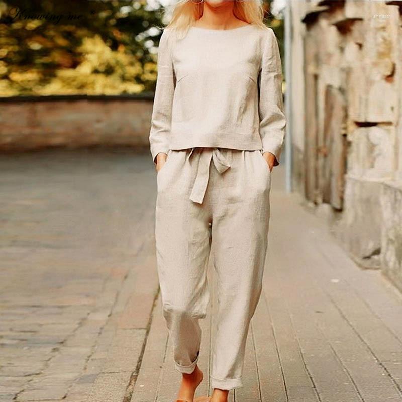 Womens Two Piece Pants Women Autumn Cotton Linen Suit Elegant Casual Solid O Neck Long Sleeve Set Vintage Pocket Harajuku Loose Suits