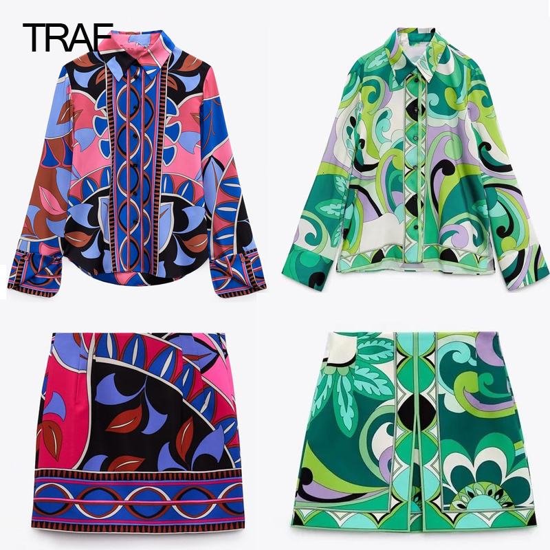 Women's Blouses Shirts TRAF Floral Skirt and Blouse Set Women's Short Set Fashion Woman 2 pieces Female Long sleeve Beautiful Green Shirt Mi