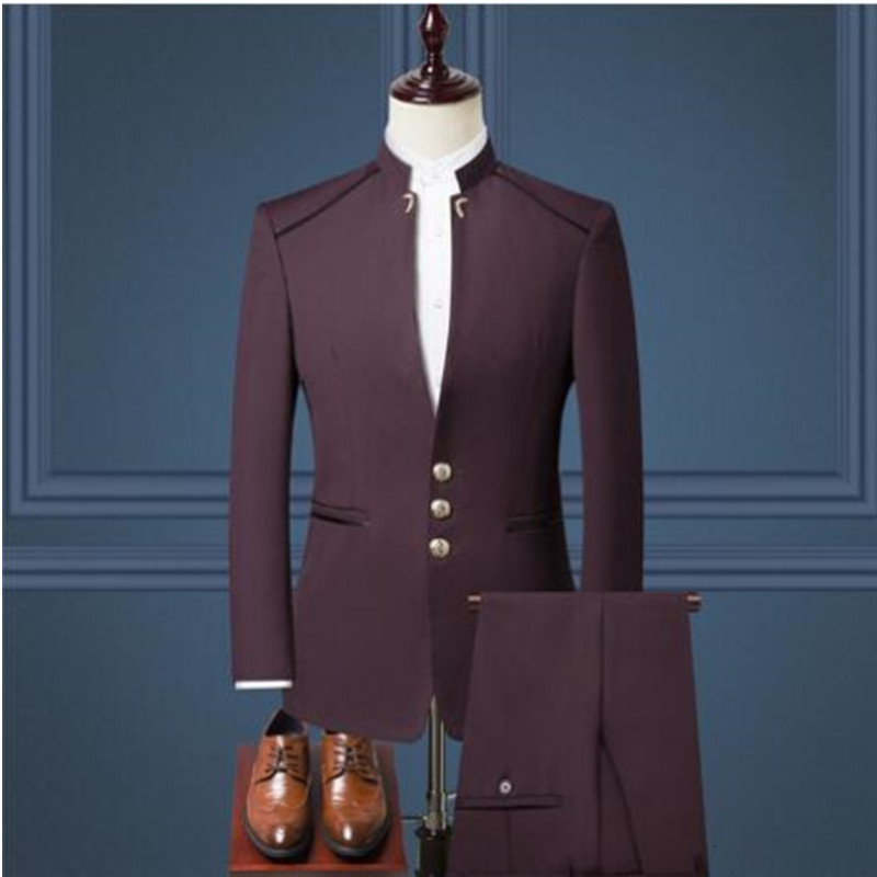 Men's Suits Blazers Burgundy Chinese Style Stand Collar Slim Fit Male Zhong Shan Blazer Vest Pants Groom Tuxedos Costume Homme Business 3PCS 2307