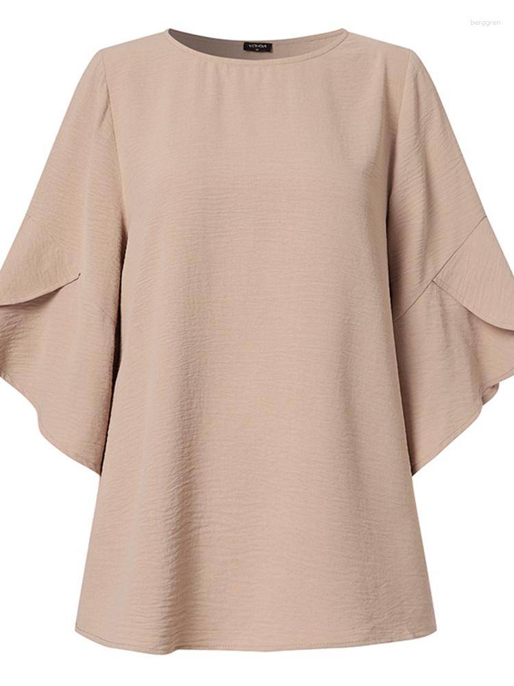 Women's Casual Solid Color Flare Sleeve Blouse Tops For Summer - Polyester, Round Neck, Casual, Loose Fit, Bohemian Style