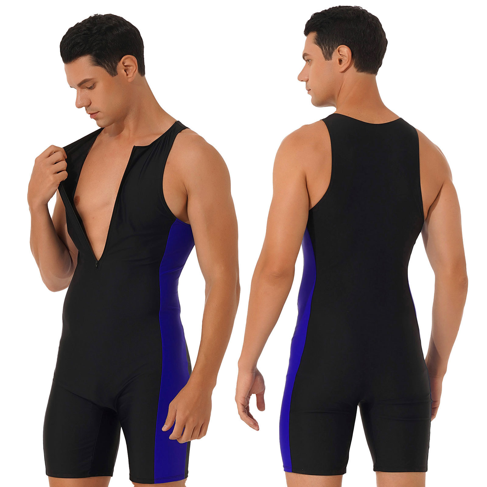 Men's Swimwear onepiece swimsuit sleeveless zipper color contrast patch work side shorts Skintight garment Triathlon swimming pool bathing surfin