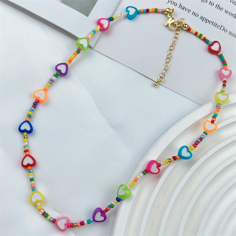 Chain Bohemia Beaded Necklace for Women Cute Handmade smile heart eye Plastic Bead Transparent Chokers Necklaces Boho Jewelry 230706