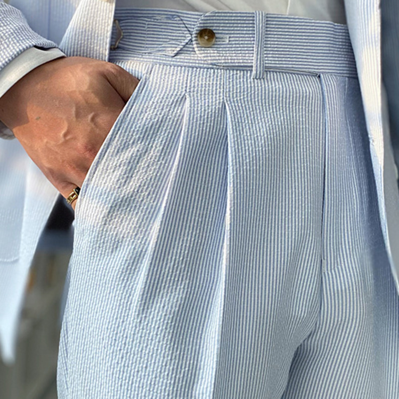 Men's Pants Spring Seersucker High Waist Straight British Petty Bourgeoisie Blue Stripe Italian Casual Trousers Men Pantalones Hombre 230705