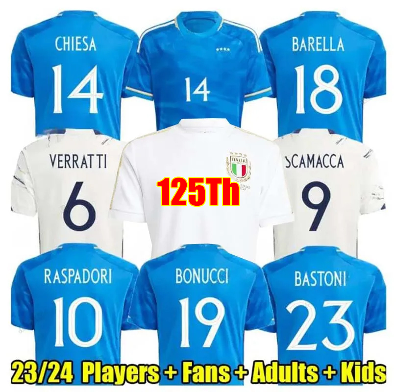 

125 Italys soccer jerseys 2023 Italian jersey SCAMACCA IMMOBILE CHIESA football shirts RASPADORI JORGINHO BARELLA BASTONI VERRATTI Maglia italiana national team, 23 24 away adult + patch