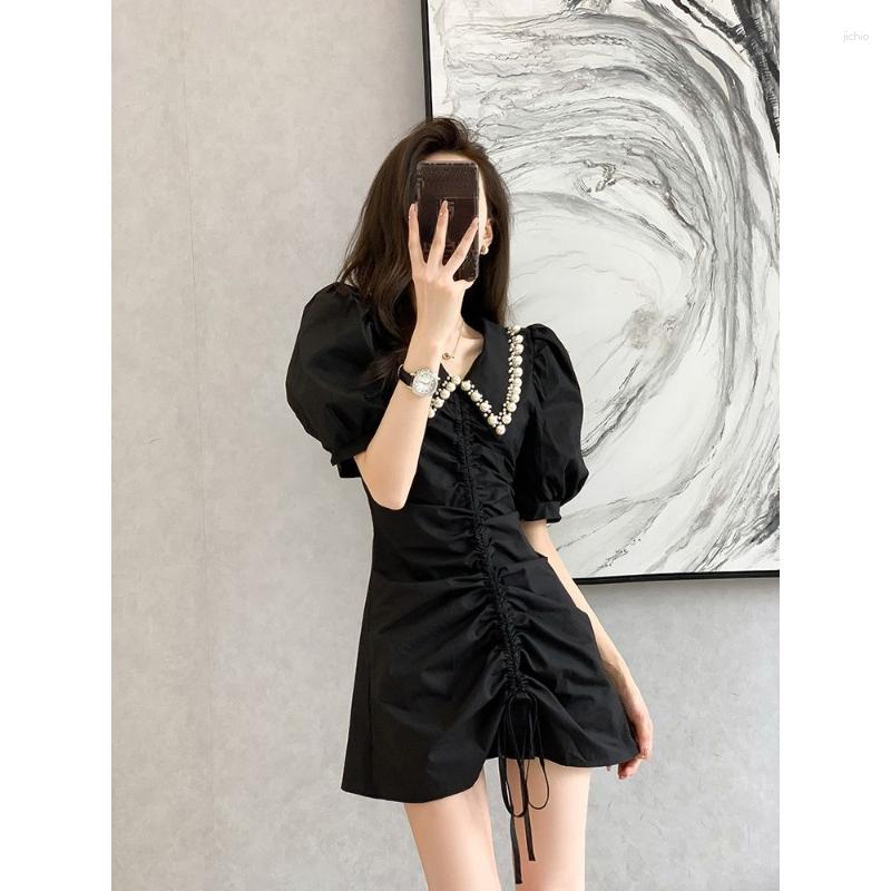 Casual Dresses Drawstring Pearl Collar Black Dress Pleated Party Femme Bodycon Mini Birthday For Women Vestidos De Mujer