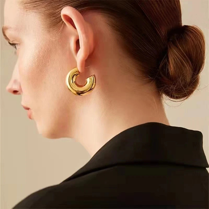 Stud Vintage Round Circle Open Chunky Hoop Earrings for Women Gold Plated Smooth Thick Tube Stainless Steel Earrings Fashion Jewelry 230706