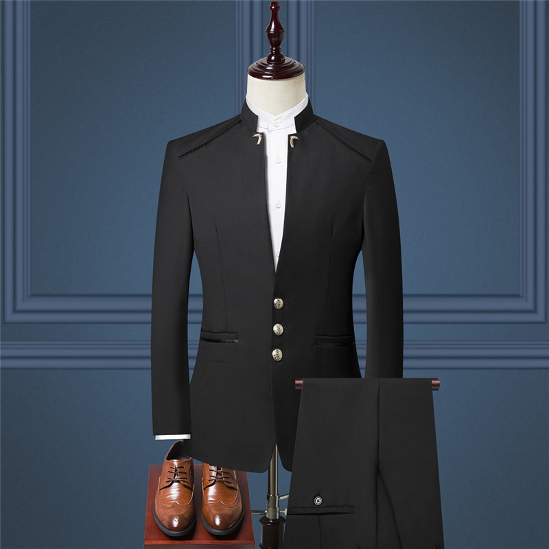 Men's Suits Blazers Burgundy Chinese Style Stand Collar Slim Fit Male Zhong Shan Blazer Vest Pants Groom Tuxedos Costume Homme Business 3PCS 2307
