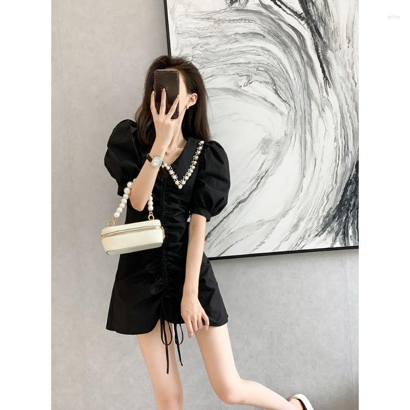 Casual Dresses Drawstring Pearl Collar Black Dress Pleated Party Femme Bodycon Mini Birthday For Women Vestidos De Mujer