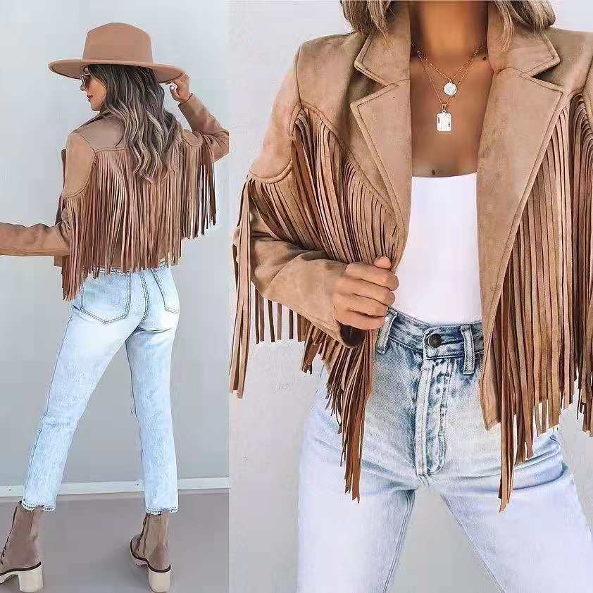 Women's Jackets Women Y2k Fringed Hem Tassel Cardigan Crop Tops E-girl Motor Biker Jacket Suede Leather Jacket 90s Vintage Streetwear Coat Cool 2