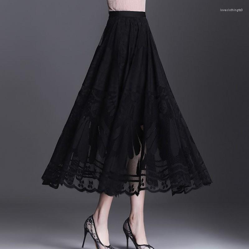 Black Vintage Tulle Skirt For Women, Summer High Waist Mesh Pleated Elegant A-E Office Ladies Skirt, Elastic Waist, Polyester, Hollow Out, Casual Styl