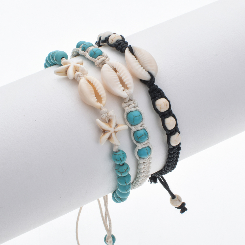 Chain Summer Starfish Shell Woven Bracelet Unisex Adjustable Wax Rope Turquoise Beaded Anklet Bracelet Women Men Boho Beach Jewelry 230706