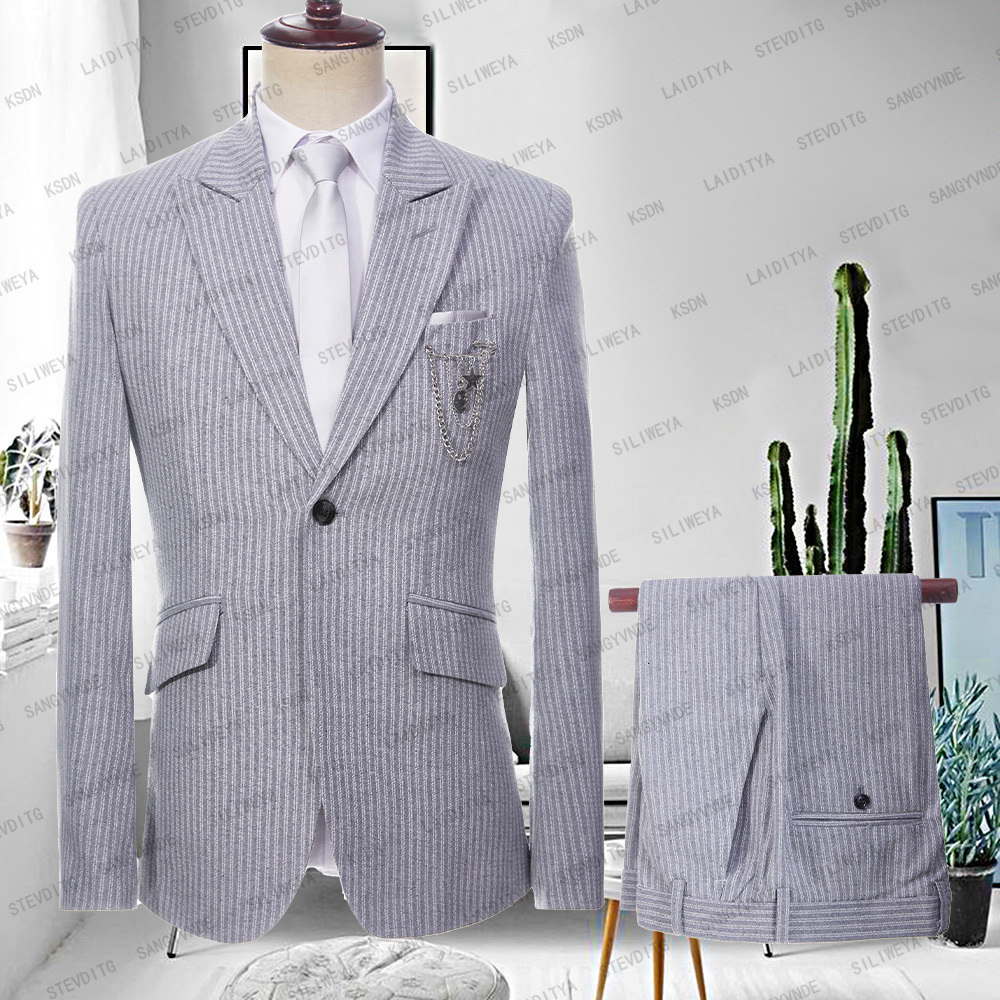Men's Suits Blazers 2023 Light Grey Stripe Mens 2Pieces Suit Terno Slim Fit Formal Office Wedding Groom Tuxedo Tailcoat For Male Fashion Cloth 23