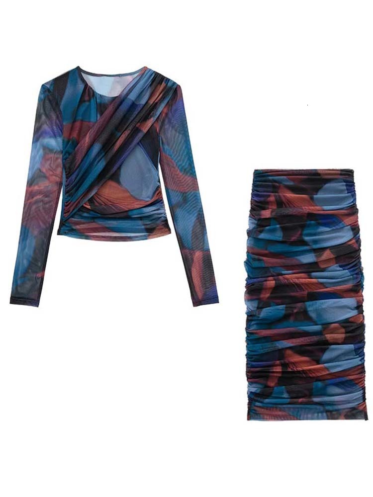 Two Piece Dress KLKXMYT TRAF Women 2 Pieces Sets Fashion Silk Net Print Blouse Tops High Waist Pleat Midi Skirt Set Womens Outfits 230705 - view 5