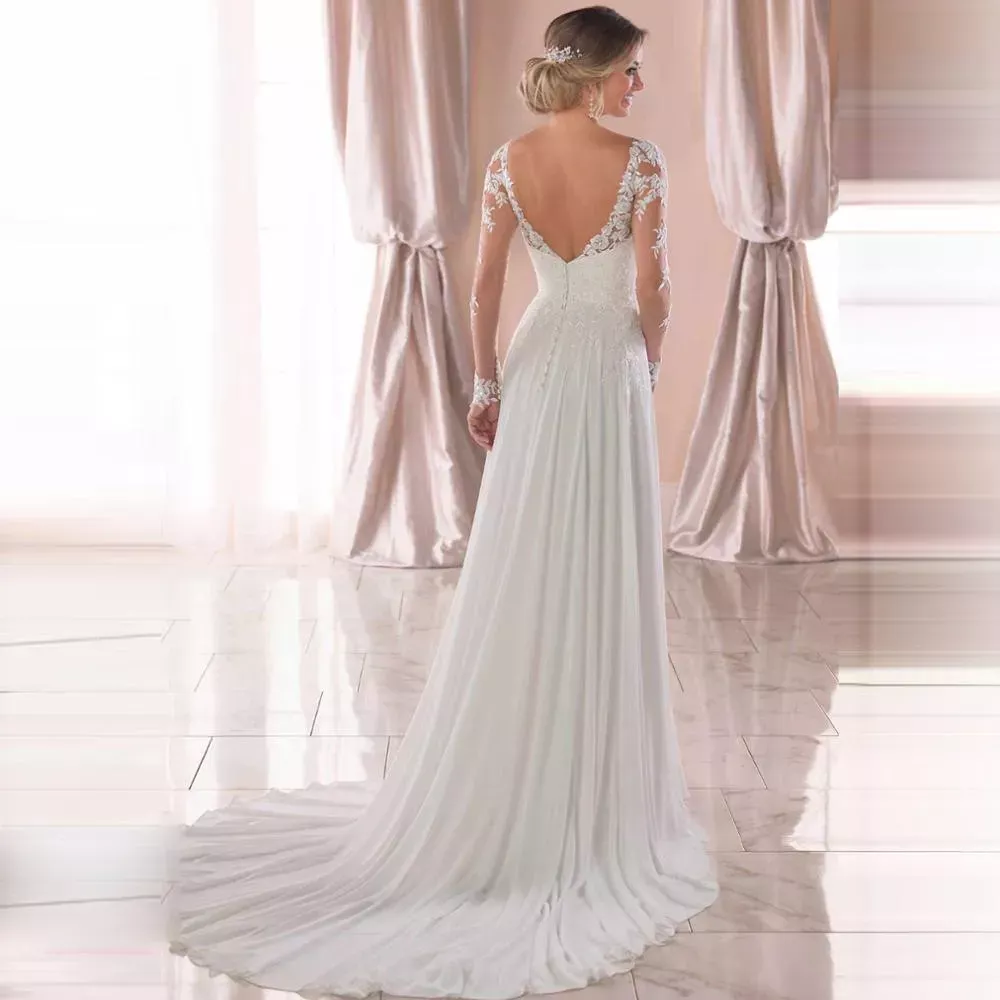 Bohemian New Chiffon A E Wedding Dresses Long Train Bridal Gowns Appliques Lace Sleeve White V Neck Boho Beach Bride Dress Vestidos De Novia Robes ppl
