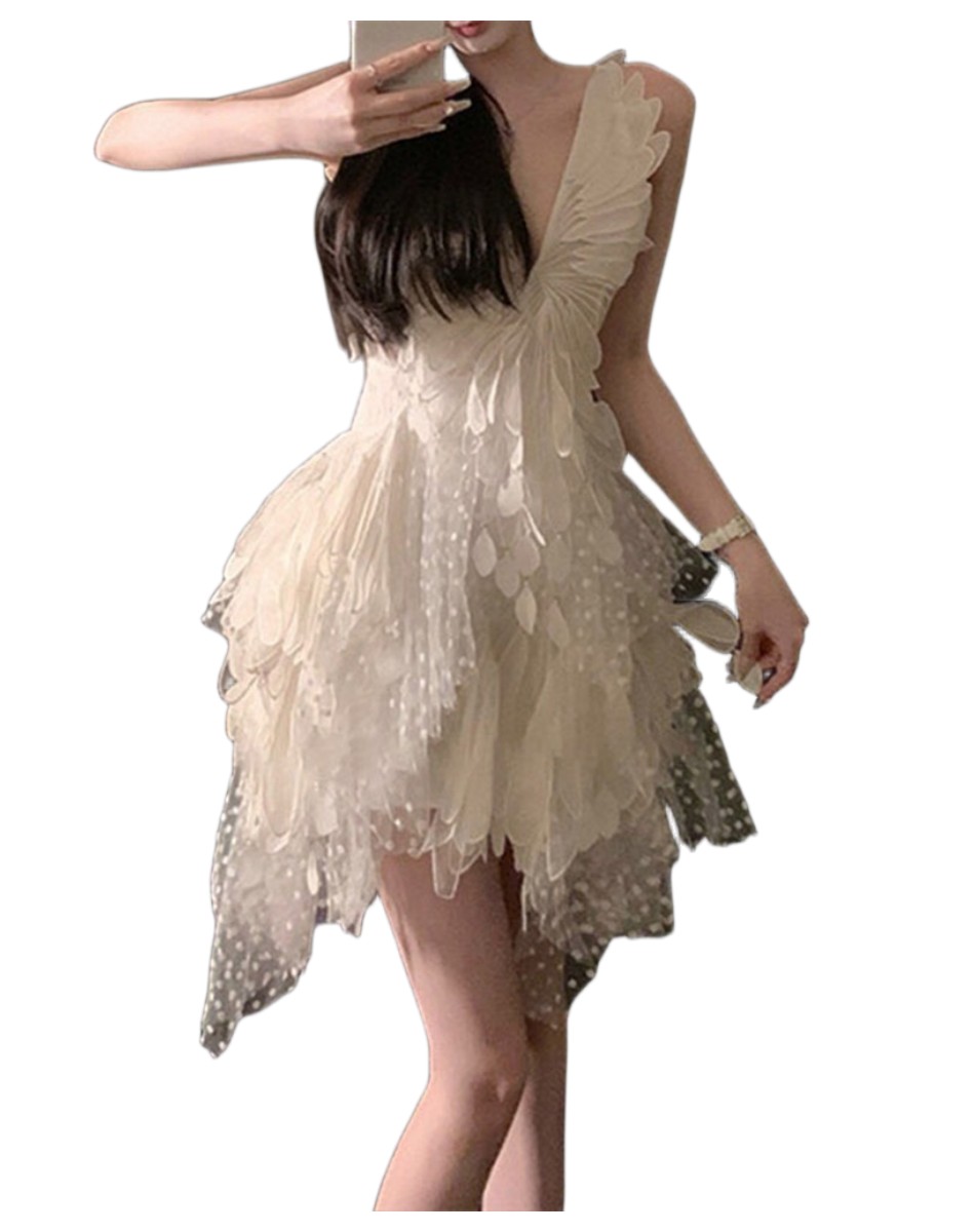 Womens V-neck 3D feather wing patched lace slim waist asymmetric ball gown dress SMLXL