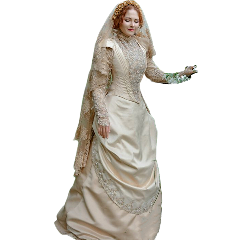 Vintage Victorian Gold Wedding Dresses Long Sleeves High Neck A Line Satin Bridal Gowns Lace Appliques Modest Muslim Bride Wear 2023