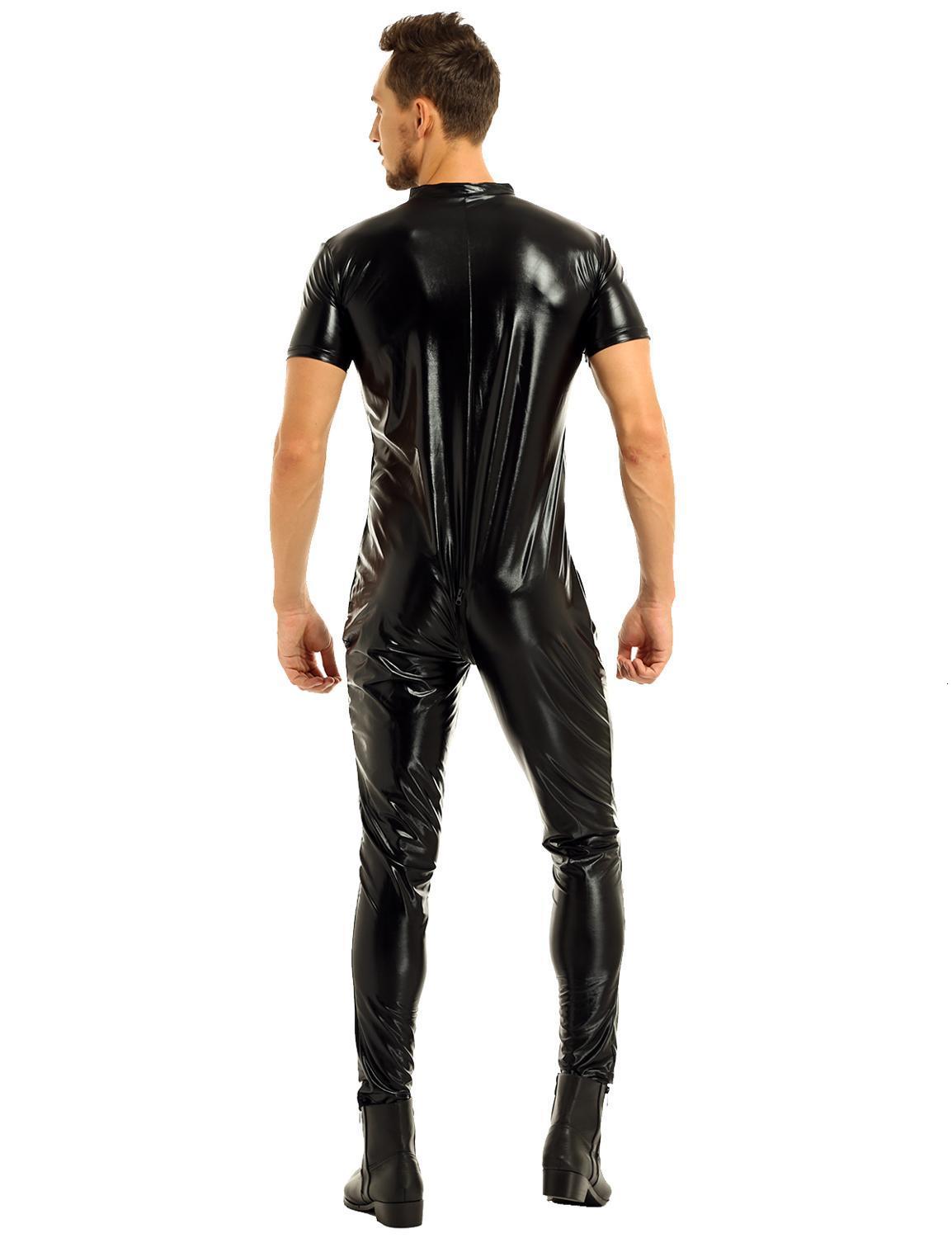 Men's Swimwear underwear wet appearance Artificial leather full set elastic short sleeve zipper crotch suitable for stage performance 230705