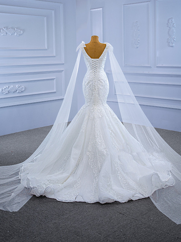 White Mermaid V-neck Appliques Wedding Dresses with Cape Lace Embroidery Corset Trumpet Bridal Gown robe de mariee