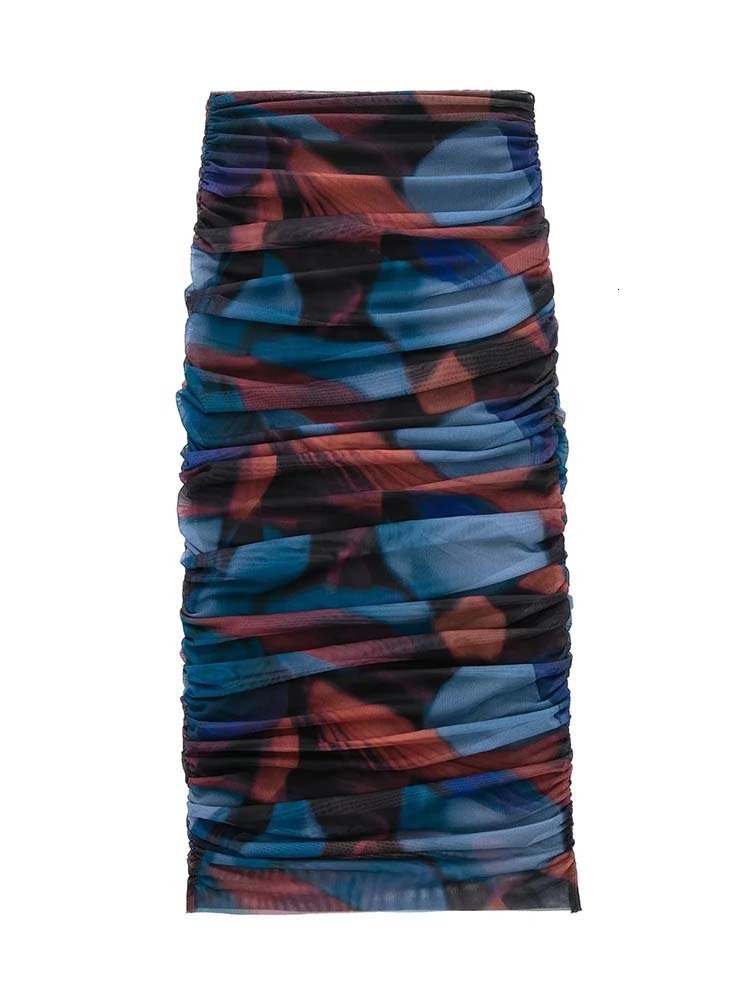 Two Piece Dress KLKXMYT TRAF Women 2 Pieces Sets Fashion Silk Net Print Blouse Tops High Waist Pleat Midi Skirt Set Womens Outfits 230705 - view 7