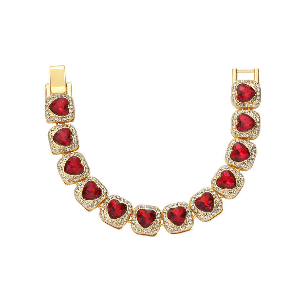 13mm Gzw Hip Hop New Rock Candy Necklace Red Heart Shaped Necklace Choker Bracelet Mens And Womens Alloy Full Diamond Rock Candy Chains Wolf Tide Jewe