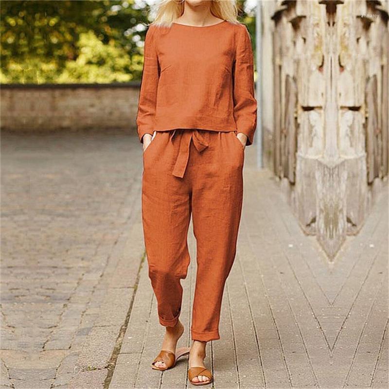Womens Two Piece Pants Women Autumn Cotton Linen Suit Elegant Casual Solid O Neck Long Sleeve Set Vintage Pocket Harajuku Loose Suits