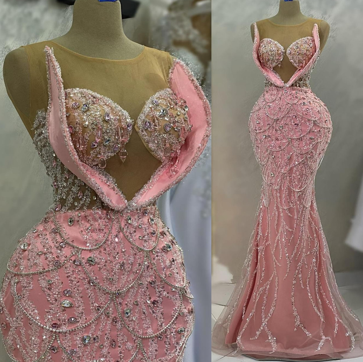 2025 Arabic Aso Ebi Pink Mermaid Prom Beaded Crystals Evening Formal Party Second Reception Birthday Engagement Gowns Dress