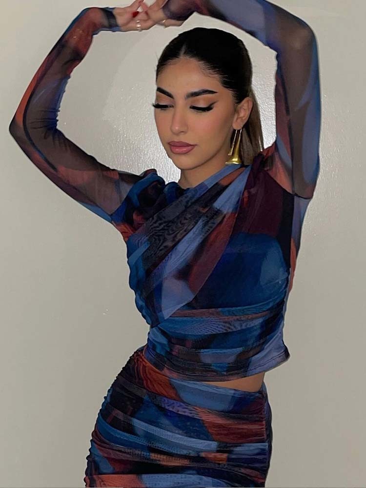 Two Piece Dress KLKXMYT TRAF Women 2 Pieces Sets Fashion Silk Net Print Blouse Tops High Waist Pleat Midi Skirt Set Womens Outfits 230705 - view 3