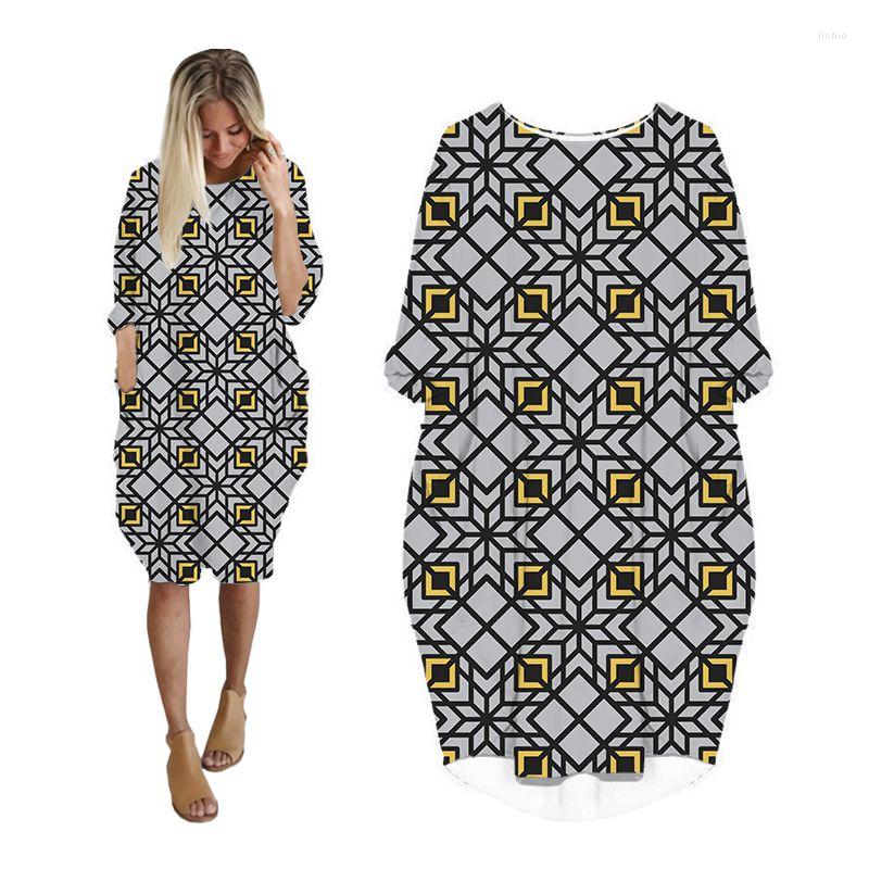 Casual Dresses For Women Geometric Plus Size Long Sleeve Fashion Grunge Woman Clothes Streetwear Oversized Ladies Clothing Female Dress