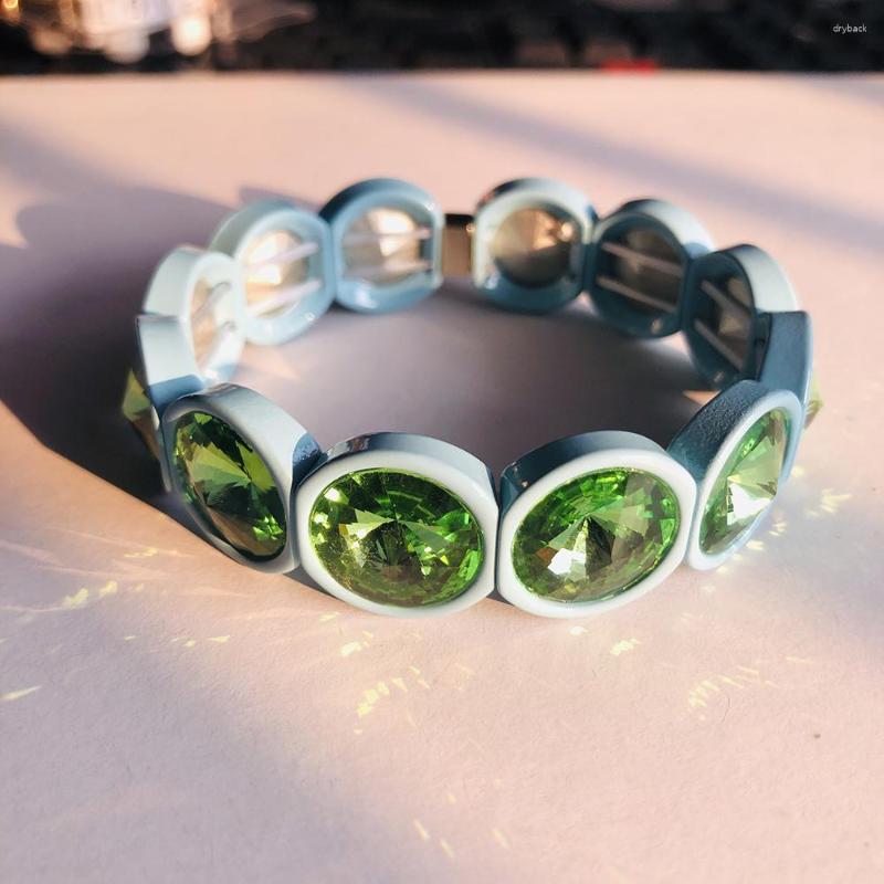 Link Bracelets Multicolor Handmade Big Crystal Elastic Bangles Enamel Stretch Glass Bangle Tile Beads Bracelet For Women