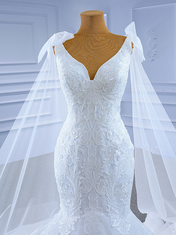 White Mermaid V-neck Appliques Wedding Dresses with Cape Lace Embroidery Corset Trumpet Bridal Gown robe de mariee
