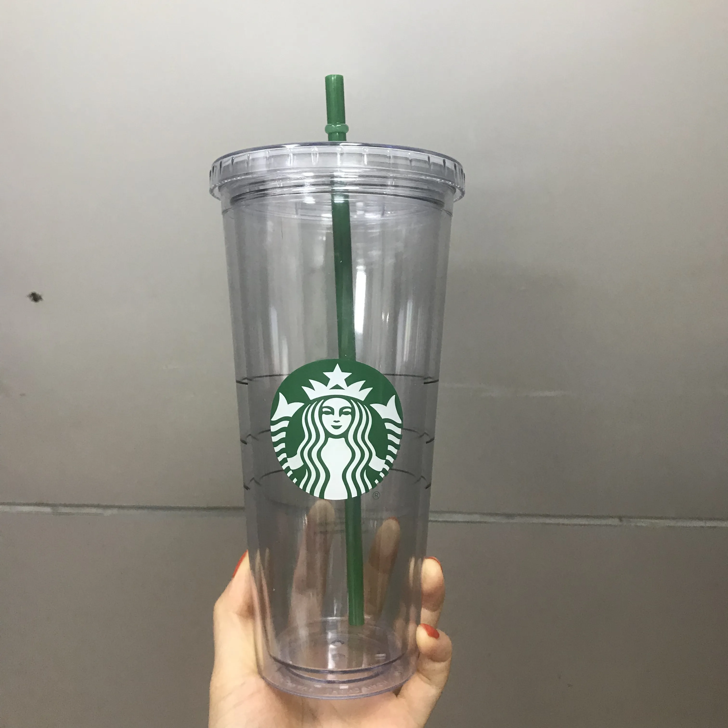 gs 24oz 710ml plastic cups reusable doublelayer transparent coffee flat straw column cover bdian cup milk teacup Free shipping