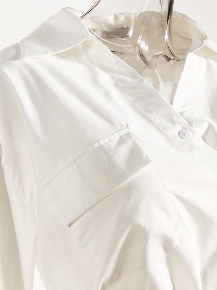 Basic Casual Dresses EAM Women White Irregular Bandage Slit Shirt Dress VNeck Long Sleeve Loose Fit Fashion Spring Autumn 1DE9884 230705