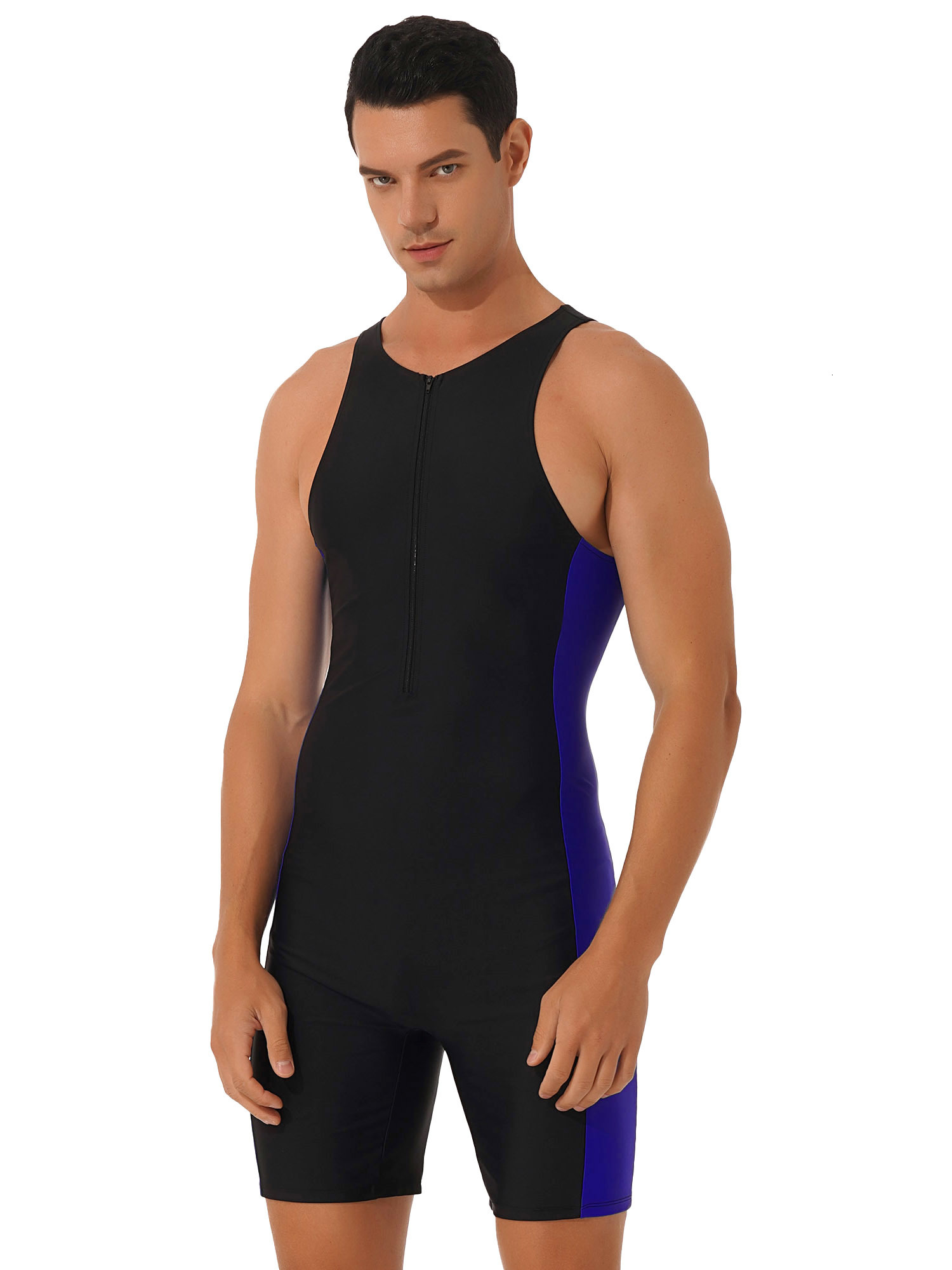 Men's Swimwear onepiece swimsuit sleeveless zipper color contrast patch work side shorts Skintight garment Triathlon swimming pool bathing surfin
