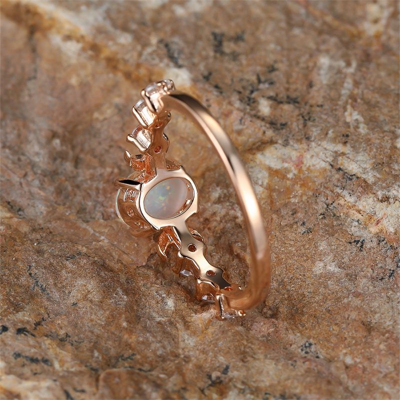 Wedding Rings Rainbow White Fire Opal Ring Silver Rose Gold Color Small Moon Rings For Women Wedding Bands Oval Stone Engagement Ring Jewelry 230706