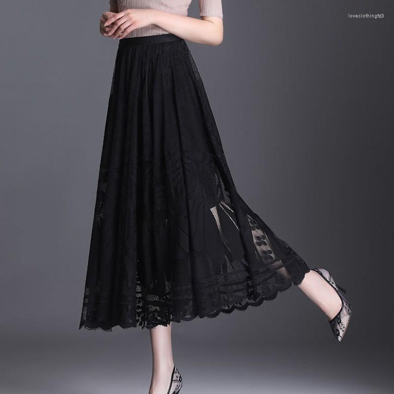 Black Vintage Tulle Skirt For Women, Summer High Waist Mesh Pleated Elegant A-E Office Ladies Skirt, Elastic Waist, Polyester, Hollow Out, Casual Styl