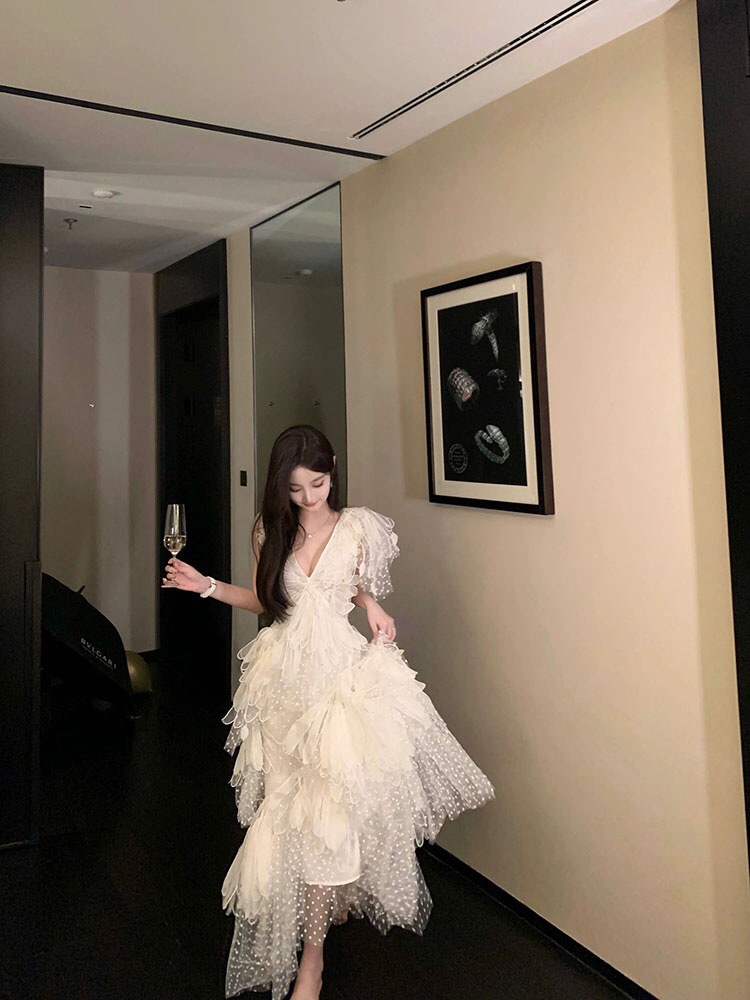 Womens V-neck 3D feather wing patched lace slim waist asymmetric ball gown dress SMLXL